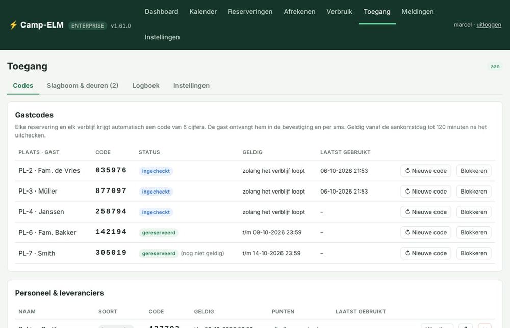 Zugangscodes für Gäste und Personal – mit Status und Protokoll.